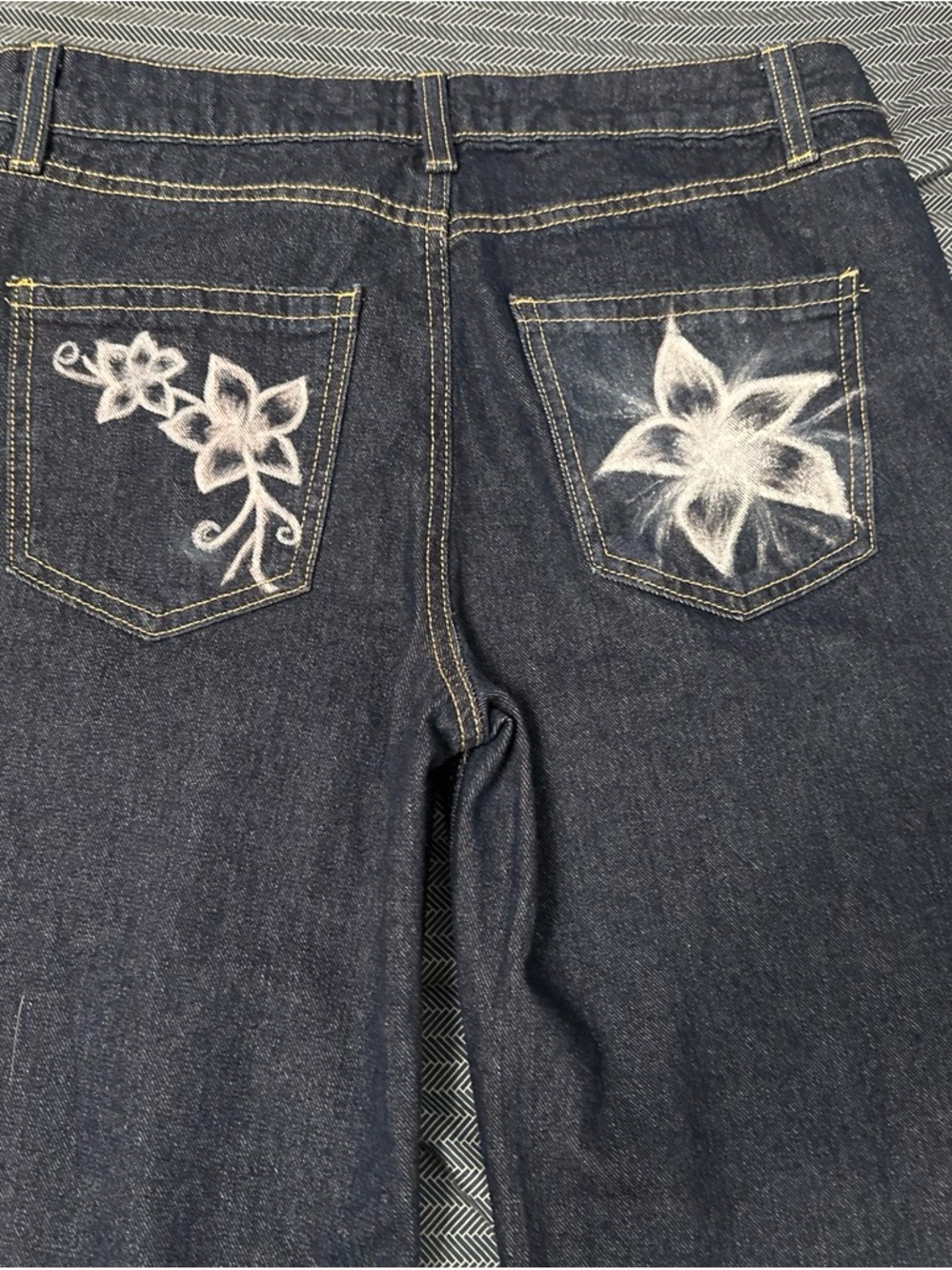 refuge Dark Blue Straight Leg Jeans with White Floral Pocket Art